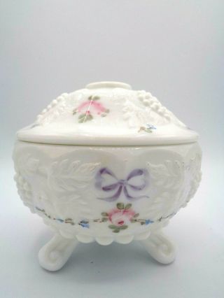Vintage Westmoreland Milk Glass Candy Dish With Lid Hand Painted 3 Footed 4 " H