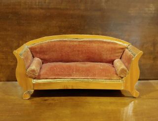 Antique Ca 1890 - 1910 Dollhouse Biedermeier Sofa In Wood With Velvet Upholstery