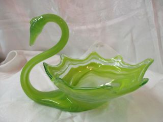 Vintage Large Lime Green To Clear Art Glass Swan Console Bowl Hand Blown