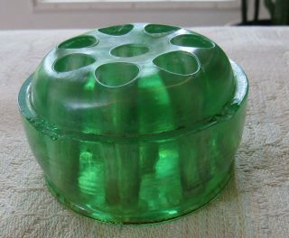 Vintage Green Carnival Glass Flower Frog For Vase 8 Holes