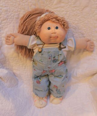 Vintage 1982 Cabbage Patch Kid Doll Htf Outfit Blue Dinosaur Overalls Tongue Out