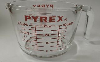 Vintage Pyrex 4 Cup/1 Qt/32 Oz J Handle Red Letters 532 Measure Corning Ny Usa