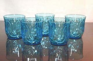 5 Vintage Mcm Anchor Hocking Colonial Tulip Laser Blue Old Fashioned Glasses