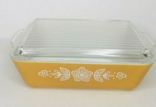 Vintage Pyrex Dish Mustard Yellow With Lid 1.  5 Qt Flower And Butterfly