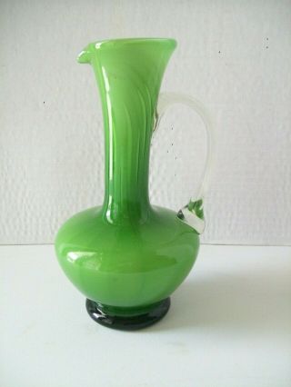 Vintage Empoli Green Swirl Cased Art Glass Pitcher W/clear Glass Applied Handle