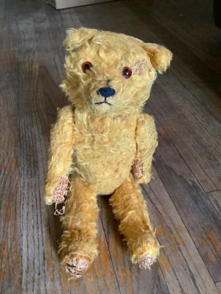 Antique Vintage Straw - Filled Stuffed Mohair Jointed Bear Teddy Bear Plush 14 "
