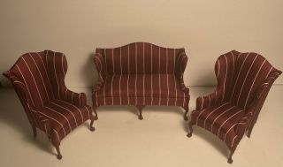 Bespaq 1:12 Sofa Set Wing Back Chairs & Couch Exquisite Striped Fabric L@@k