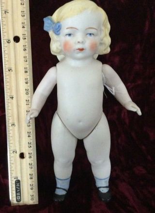 Antique German Bisque Doll - 7 " Jointed - Molded Blonde Hair W/blue Bow