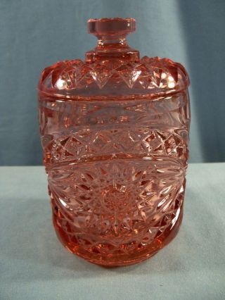 Imperial Glass Hobstar Star & Fan Pattern Pink Glass Covered Candy Jar 5 3/4 "