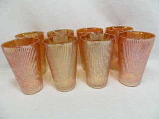 Vintage Jeanette Glass Amber Marigold Iridescent Tree Bark 5 " Tumblers Set Of 8