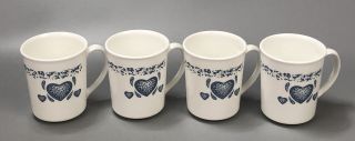 Set Of 4 Corelle Corning Blue Hearts Sponge White Coffee Cups Mugs 12 Oz Aa