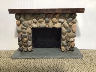 Miniature Vintage Dollhouse Fireplace Riverstone Style Wood Mantle 1950’s