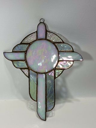 Vintage Stained Glass Cross Design.  White & Clear Iridescent Window Sun Catcher