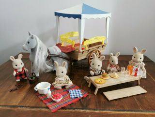 Sylvanian Families Pony And Cart Rabbit Family And Picnic,  Rare Calico Critters