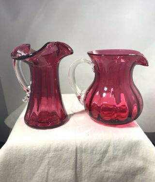 Vintage Small Cranberry Art Glass Pitcher And Creamer Clear Applied Handle