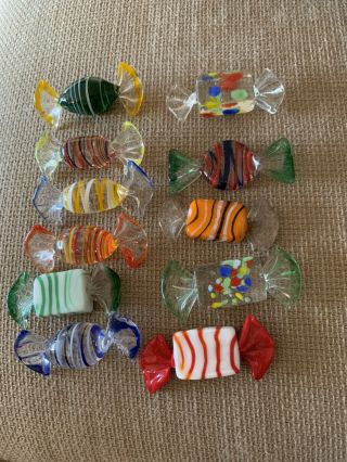 10 Vtg Murano Italian Art Glass Multi - Colored Wrapped Candy Candies Figurines