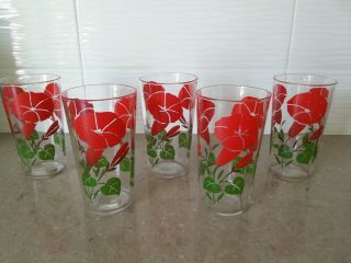 Set Of 5 Vintage Drinking Glasses / Swanky Swig Tumblers With Red Flowers