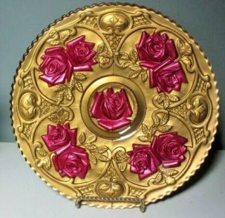 Vintage Indiana Glass " Roses In The Snow " Goofus Glass Footed Plate 10 1/2 "