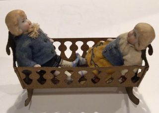 Miniature Mignonette Antique 3 " Bisque German Twin Dolls Jointed Molded Hair