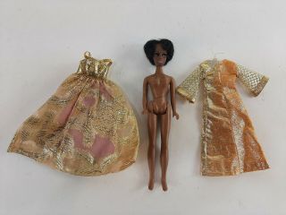 Vintage Topper Dawn Doll Dale 1970’s African American Brown Hair Eyes Gold Dress