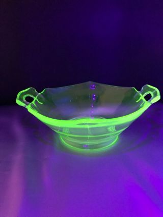 Green Uranium Depression Glass Hexagon Serving/nut 6” Bowl With Open Handles