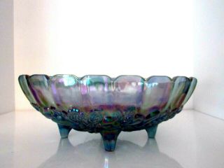 Vintage Iridescent Blue Indiana Carnival Glass Footed Oval Harvest Fruit Bowl