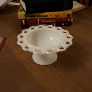 Anchor Hocking Lace Edge Milk Glass Compote Pedestal Candy Dish Bowl 7 " Vintage
