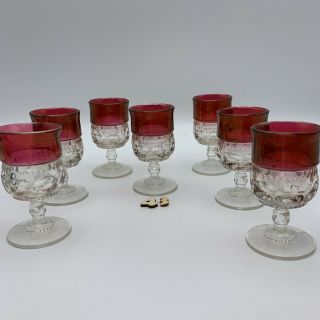 Set Of 7 Vintage Kings Crown Ruby Red Thumbprint Cognac Cordial Glasses