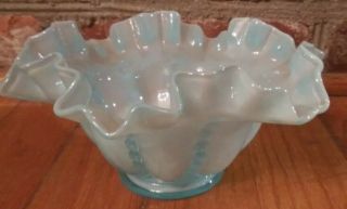 Vintage Fenton Glass Beaded Melon Ruffle Bowl With Light Blue Overlay 6.  5 " Dia