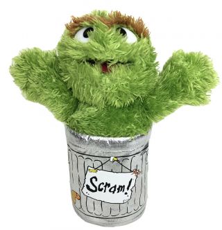 Sesame Street Oscar The Grouch Green Plush Stuffed Animal Silver Trash Can Toy