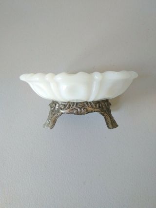 Vintage Milk Glass Candy Dish Bowl With Brass/bronze Pedestal 4 Feet