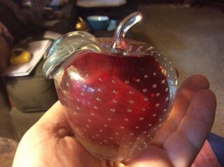 Vintage Encased Controlled Bubble Red Apple Hand Blown Art Glass Paperweight