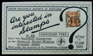 1924 Junior Philatelic Society Scotland Exhibition Glasgow Ad Card China Stamp