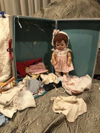 Vintage 1950’s American Character Tiny Tears Doll 12” Case Clothes Rubber Mohair