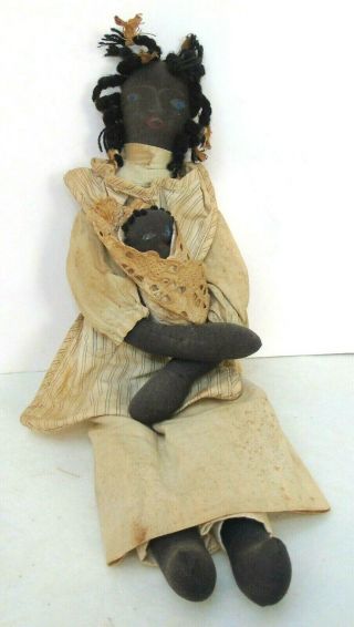 Antique Black Americana Cloth Rag Doll W/ Baby Braided Hair Painted Face 15 3/4 "