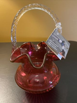 Vintage Fenton Glass Cranberry Basket With Clear Twisted Handle
