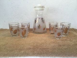 6 Vintage Libbey Frosted Gold Leaf Juice Glasses /w Carafe And Topper