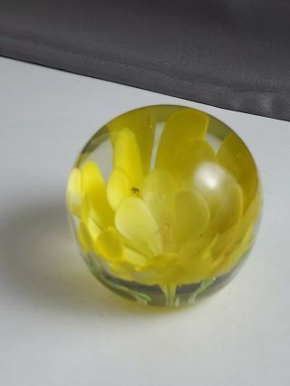 Vintage Hand Blown Glass Yellow Flower Paperweight