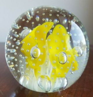 Joe St.  Clair Art Glass Yellow Trumpet Flower Controlled Bubble 3 " Paperweight