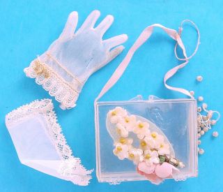 1950s Madame Alexander Cissy Or Elise Floral Lucite Purse Pearls Hankie & Glove