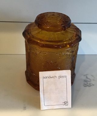 Tiara Indiana Amber Glass Sandwich 7” Medium Covered Canister