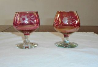 2 Vintage Etched Cranberry Glass Small Snifters - 3 1/2 " Tall
