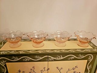 Set Of 4 Footed Pink Vintage Depression Glass Ruffled Berry Or Dessert Bowls