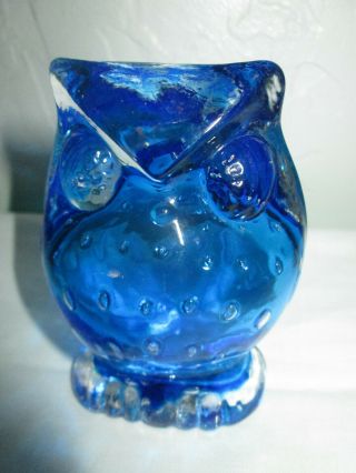 Vintage Retro Blue Glass Owl Bird Paperweight Hand Blown Art Controlled Bubble