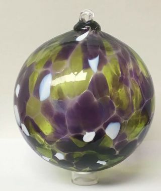 Huge 4 3/4” Dia Hand Blown Art Glass Ball Sphere Ornament Purple Yellow White
