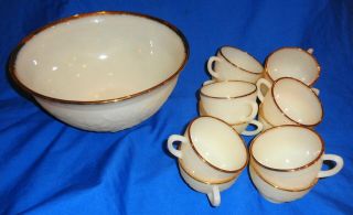 Vintage Anchor Hocking White Milk Glass Gold Trim Punch Bowl Set 12 Cups Wow