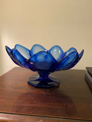 Vtg Cobalt Blue Glass Fruit Bowl Centerpiece Footed Bowl Ruffle Edge 11.  5x6.  25”