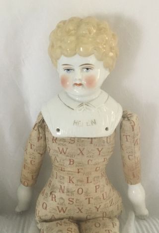 20” Antique German Hertwig Pet Name Helen China Head Doll On Printed Abc Body