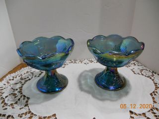 Indiana Carnival Glass Blue W/grape Design Candle Stick Holders Ex.  Cond