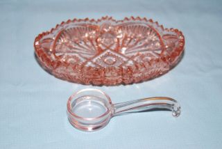 Vintage Pink Cut Glass Oval Bowl W/ Pink Glass Spoon Sawtooth Edge